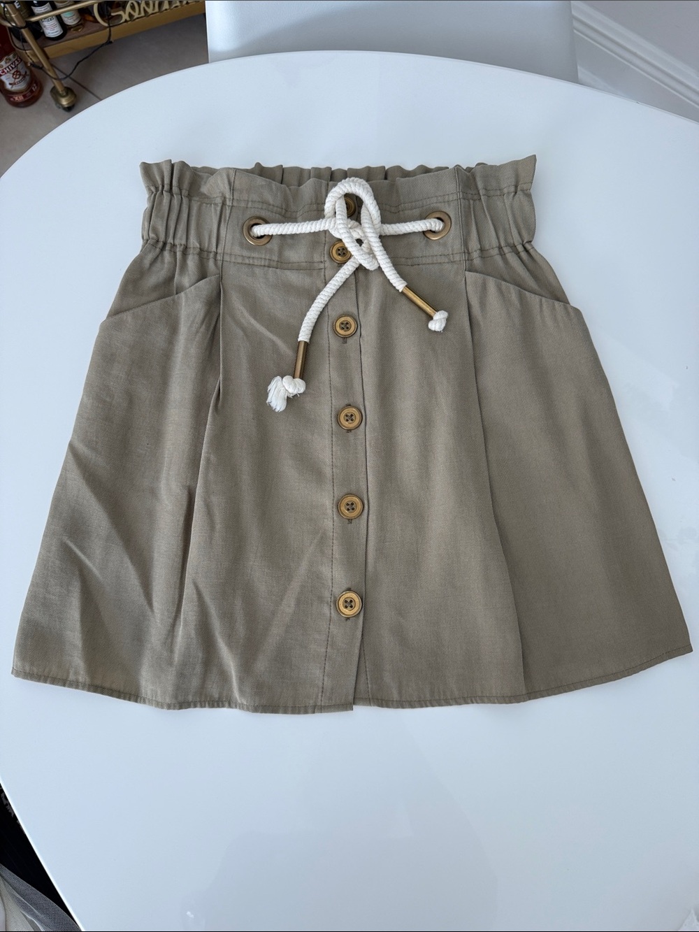 Zara Women’s High-Waist Button-Front Khaki Skirt with Drawstring